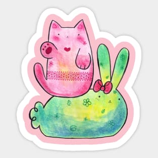 Pink Cat and Green Bunny Sticker